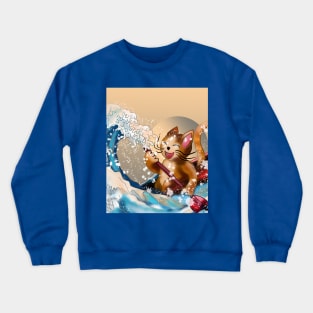 Cat in a kayak in the wave off Kanagawa Crewneck Sweatshirt